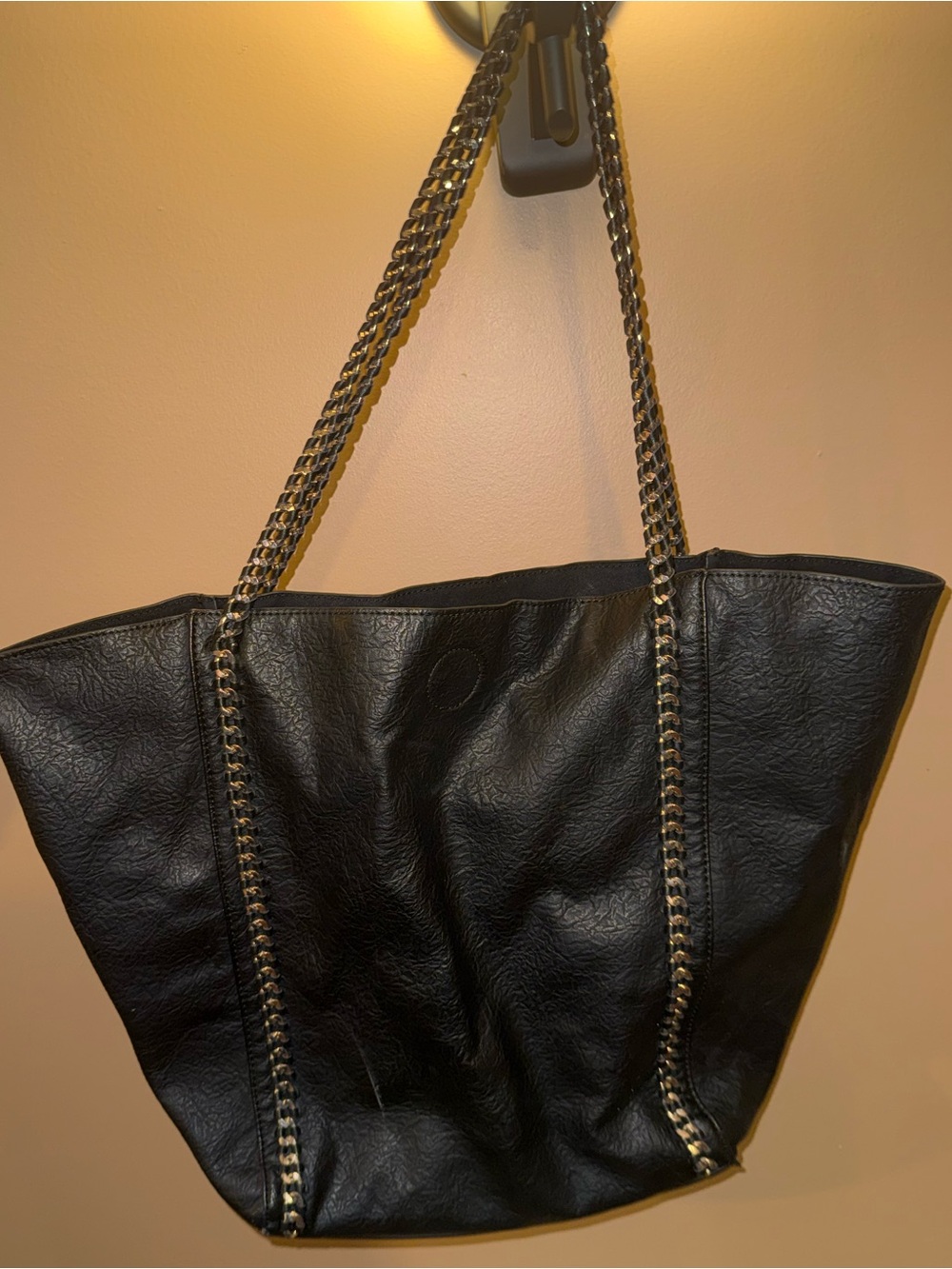 Chain-Accent Black Vegan Leather Tote Bag